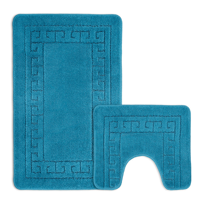 Greek Key Teal Bath & Pedestal Mat Set Anti-Slip Polypropylene