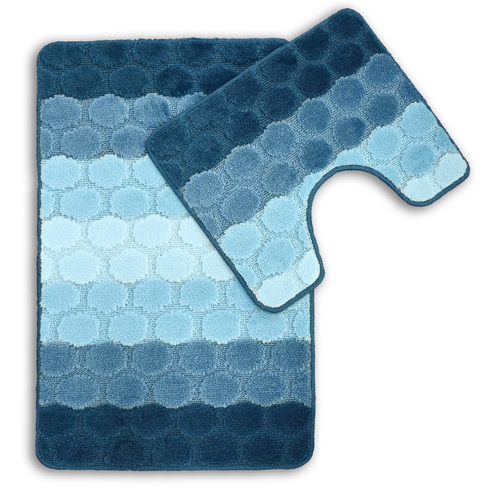 Hex Stripe Blue Bath & Pedestal Mat Set Anti-Slip