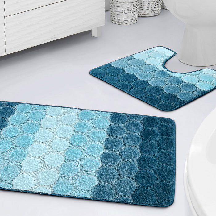 Hex Stripe Blue Bath & Pedestal Mat Set Anti-Slip