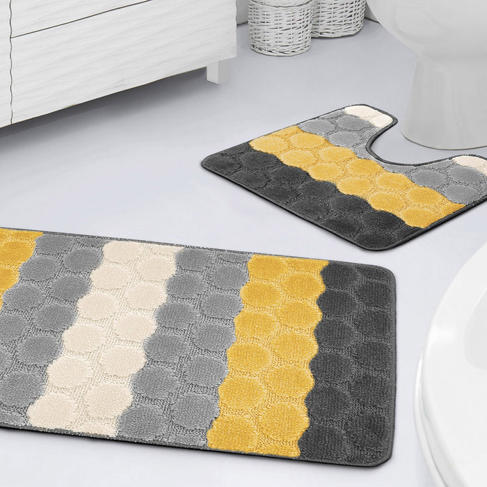 Hex Stripe Ochre Bath & Pedestal Mat Set Anti-Slip