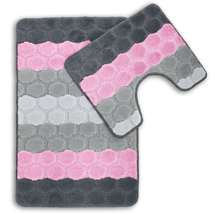 Hex Stripe Pink Bath & Pedestal Mat Set Anti-Slip