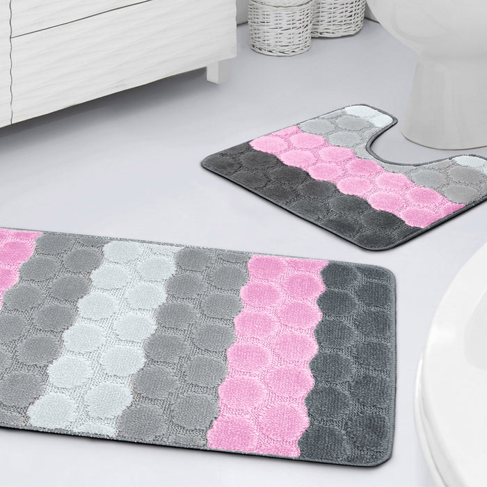 Hex Stripe Pink Bath & Pedestal Mat Set Anti-Slip