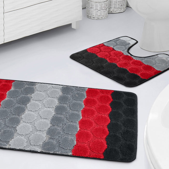 Hex Stripe Red Bath & Pedestal Mat Set Anti-Slip