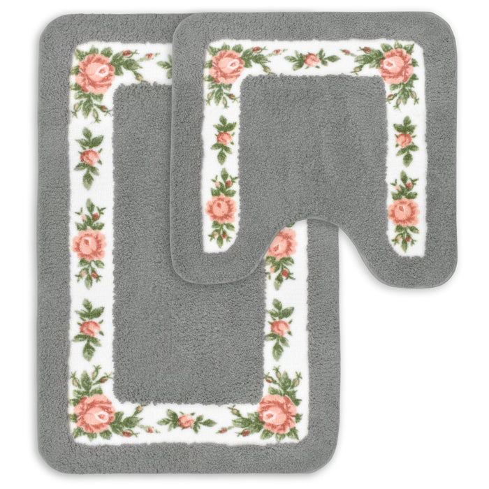 Shania Floral Grey Bath Mat Set Super-Absorbent Anti-Slip Microfibre