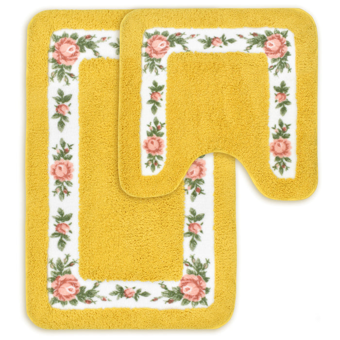 Shania Floral Ochre Bath Mat Set Super-Absorbent Anti-Slip Microfibre