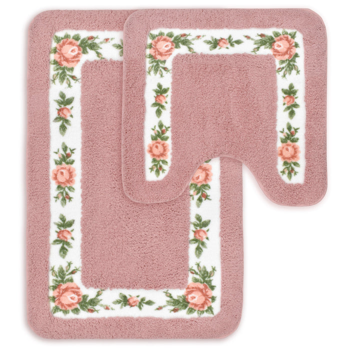 Shania Floral Blush Pink Bath Mat Set Super-Absorbent Anti-Slip Microfibre