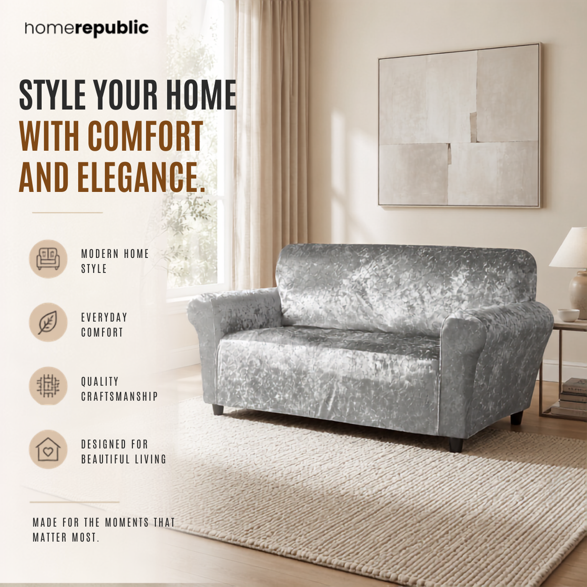 Home Republic Crushed Velvet Stretch Fitted Sofa Cover