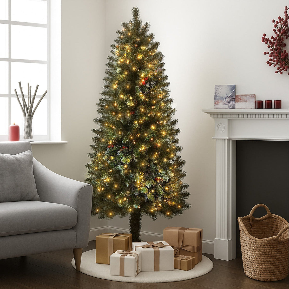 Home Republic Half Christmas Tree With Led Lights And Berries