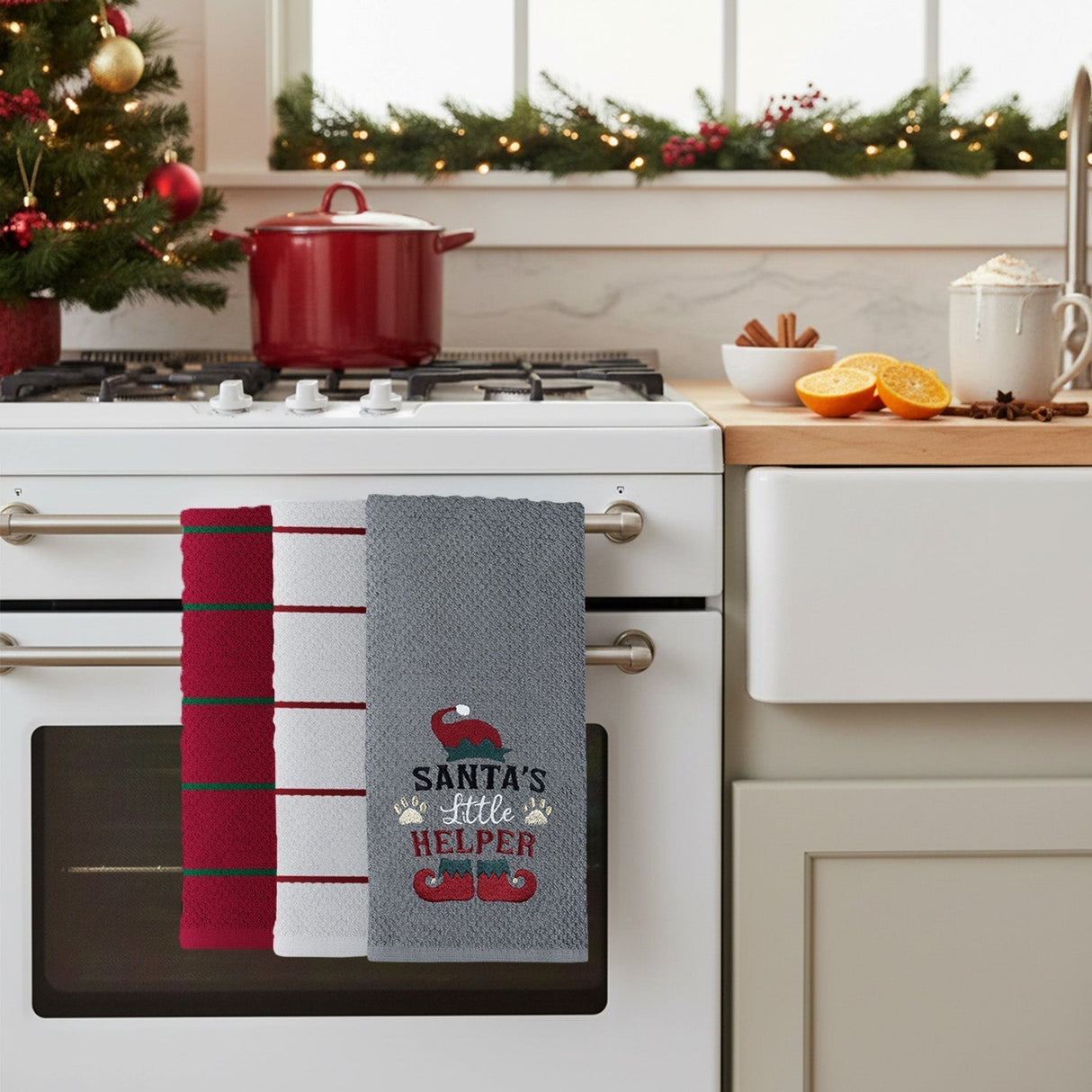 Velosso Santas Little Helper 3 Pack Cotton Christmas Embroidered Tea Towels