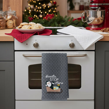 Santa Stop 3 Pack Cotton Christmas Embroidered Tea Towels