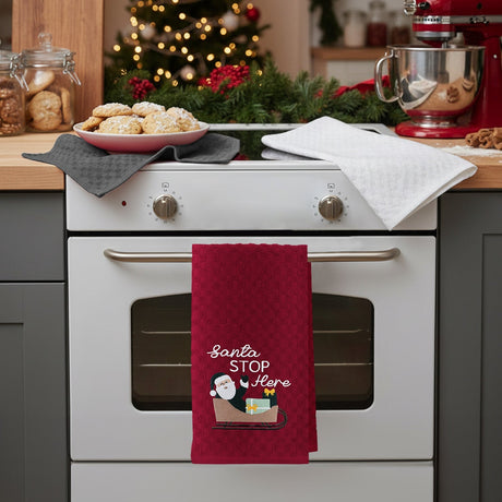 Velosso Santa Stop 3 Pack Cotton Christmas Embroidered Tea Towels