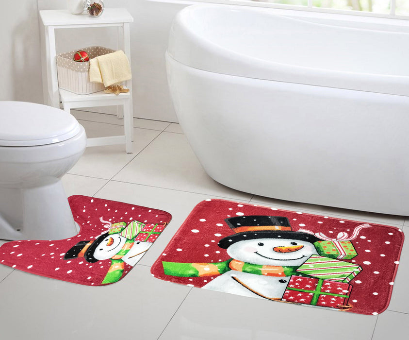 Snowman Pink Bath Mat Set Super-Absorbent Anti-Slip Microfibre