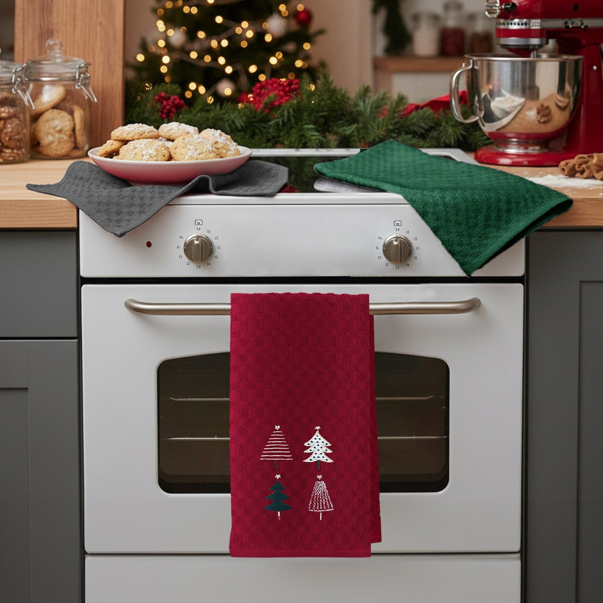 Velosso Xmas Trees 3 Pack Cotton Christmas Embroidered Tea Towels