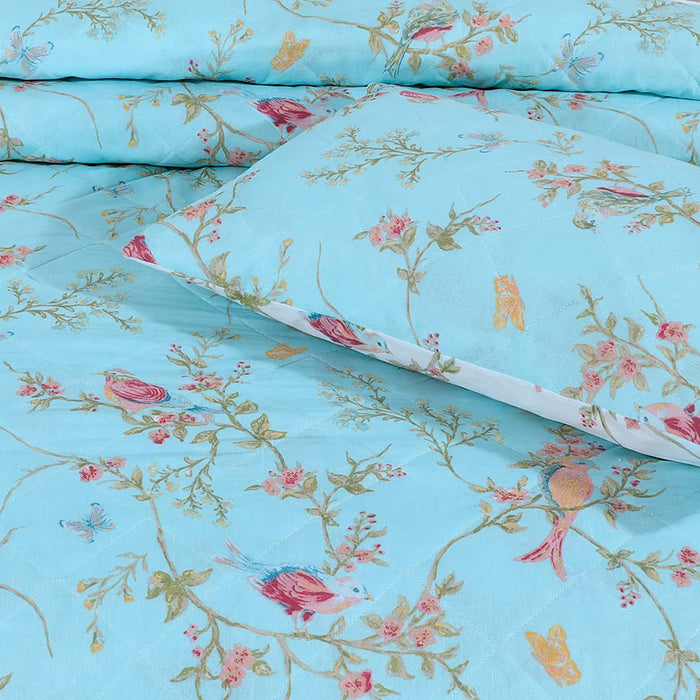 Reversible Delicate Duck Egg Birds Floral Bedspread Set