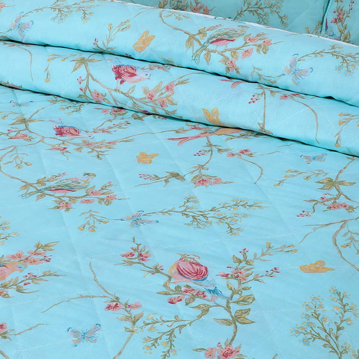 Reversible Delicate Duck Egg Birds Floral Bedspread Set