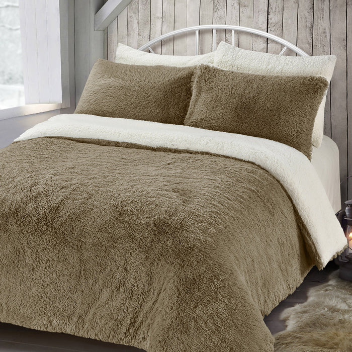 Alaska Faux Fur Teddy Taupe Sherpa Duvet Cover & Pillowcase Set