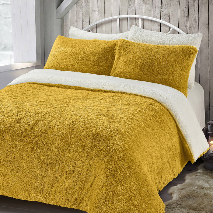 Alaska Faux Fur Teddy Ochre Sherpa Duvet Cover & Pillowcase Set