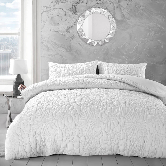 Alini White Floral Embossed Duvet Cover & Pillowcase Set