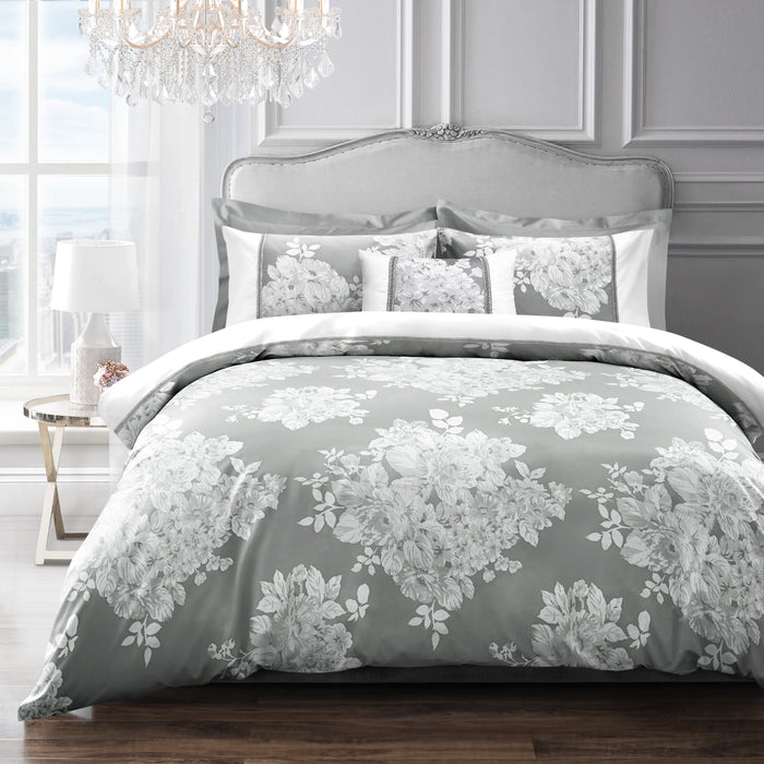 Ascot Floral Jacquard Silver Duvet Cover & Pillowcase Set