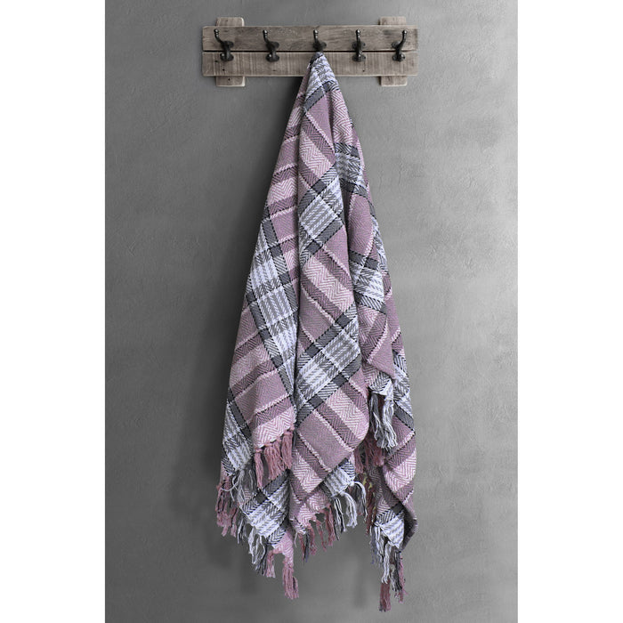 Luxury Cotton Bourbon Check Pink Grey Tassel Throw