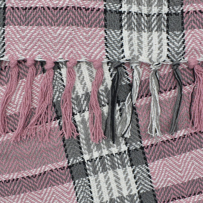Luxury Cotton Bourbon Check Pink Grey Tassel Throw