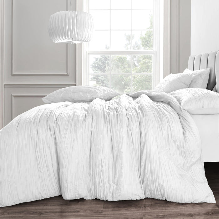 Calais Crinkle Pleated White Duvet Cover & Pillowcase Set