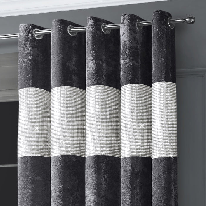 Diamante Charcoal Crushed Velvet Ready Made Eyelet Curtains