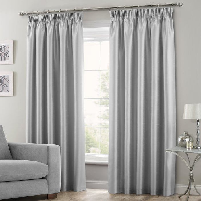 Silver Faux Silk Pencil Pleat Curtains