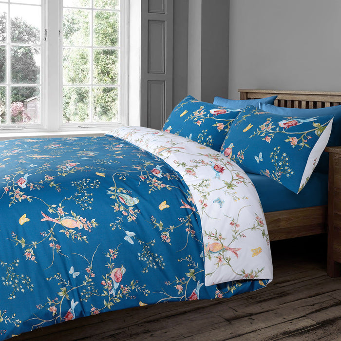 Floral Birds Navy Reversible Duvet Cover & Pillowcase Set