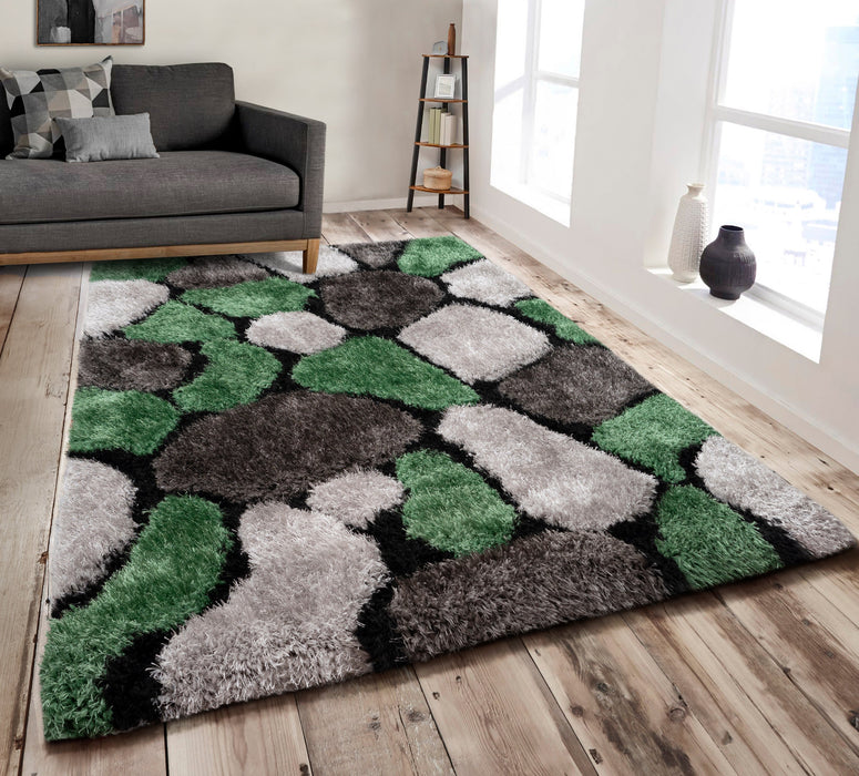 Pebbles Emerald Green 3D Carved Shaggy Floor Rug