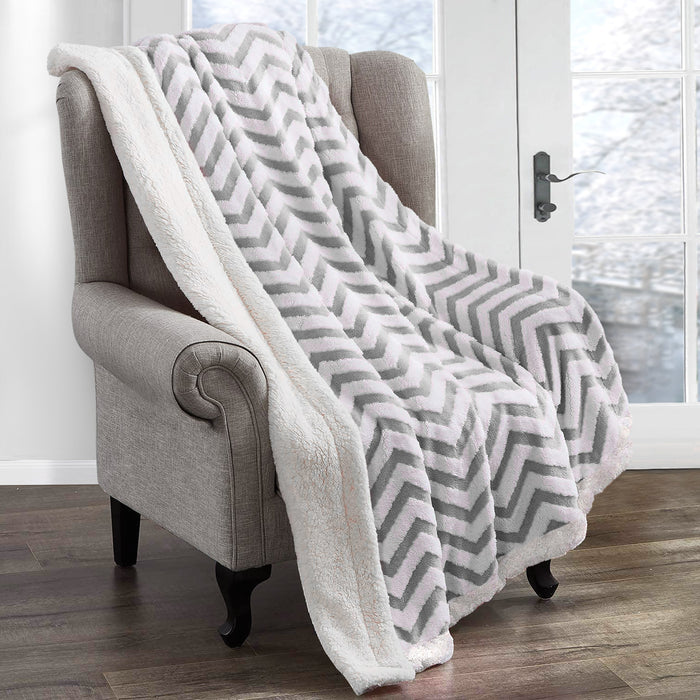 Grey Jacquard Chevron Sherpa Fleece Throw