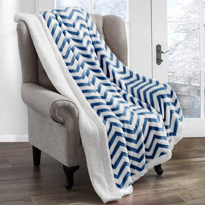Velosso Navy Jacquard Chevron Sherpa Fleece Throw