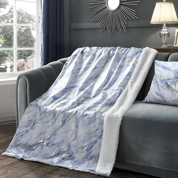 Metallic Foil Blue Marble Sherpa Silver Throw