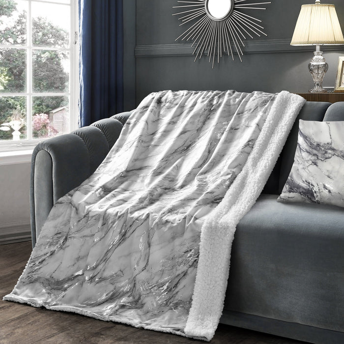 Velosso Metallic Foil Silver Marble Sherpa Silver Throw