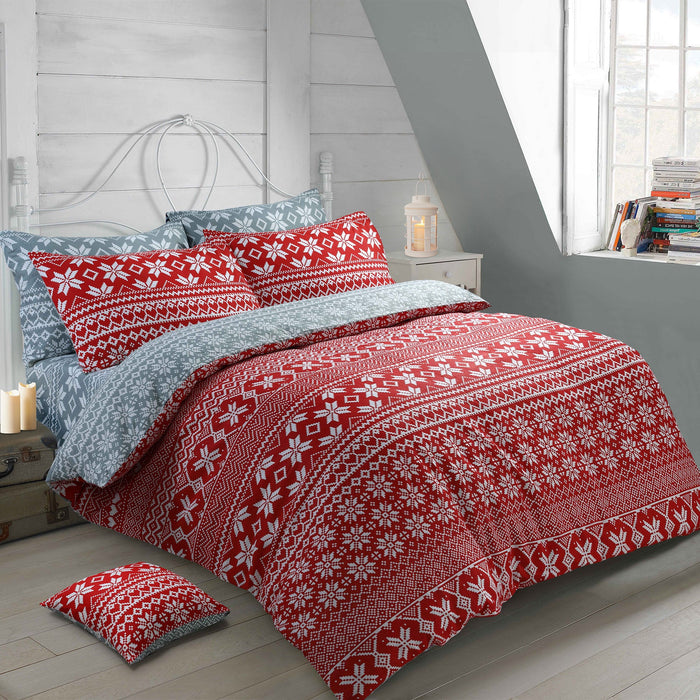 Nordic Flannelette Reversible Red Duvet Cover & Pillowcase Set