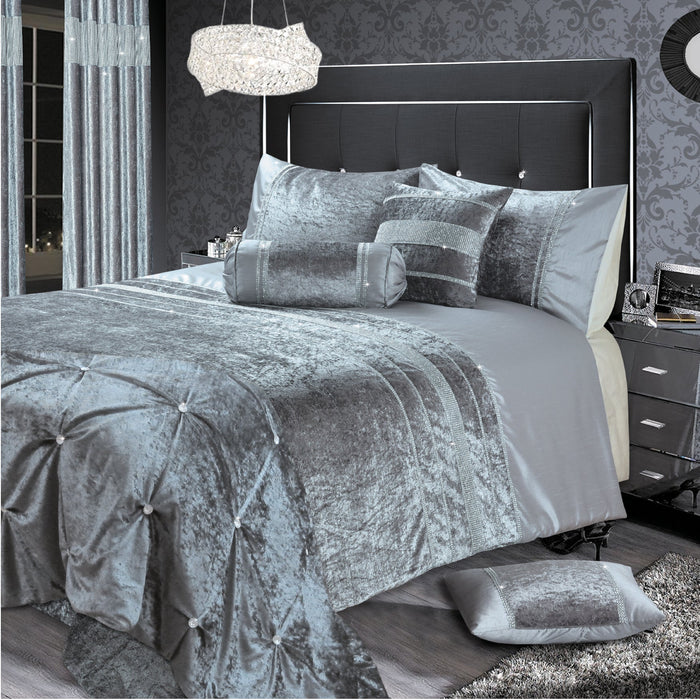 Rienzo Crushed Velvet Diamante Silver Duvet Cover & Pillowcase Set