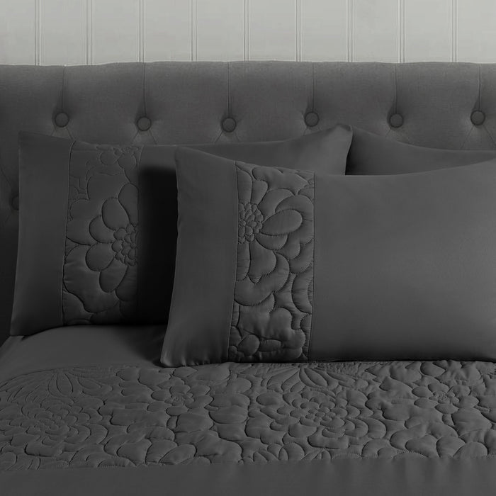 Rosa Quilted Floral Charcoal Duvet Cover & Pillowcase Set