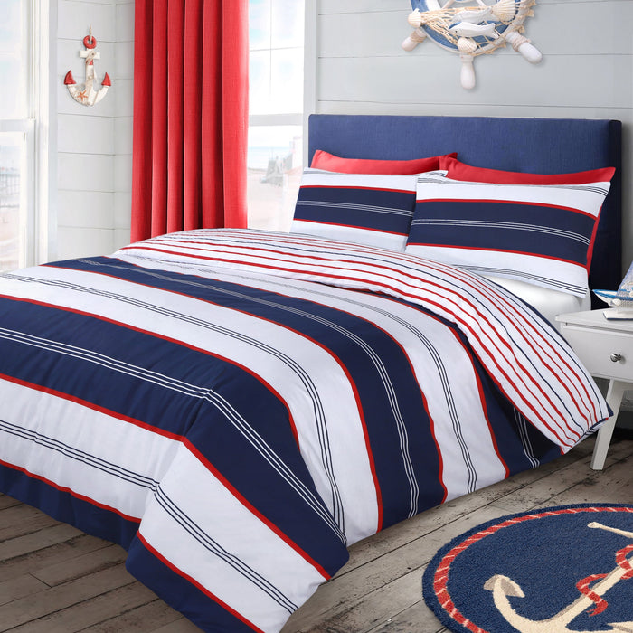 Sorbon Stripe Red and Navy Reversible Duvet Cover & Pillowcase Set