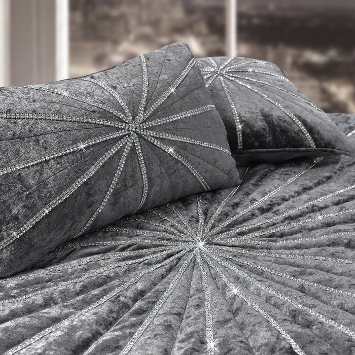 Starburst Crushed Velvet Diamante Charcoal Quilted Bedspread