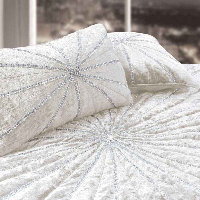 Starburst Crushed Velvet Diamante Cream Quilted Bedspread