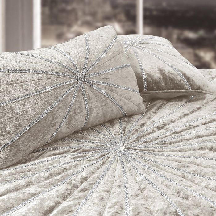 Starburst Crushed Velvet Diamante Natural Quilted Bedspread