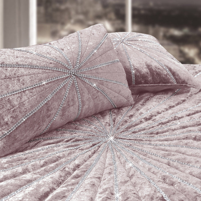 Starburst Crushed Velvet Diamante Pink Quilted Bedspread