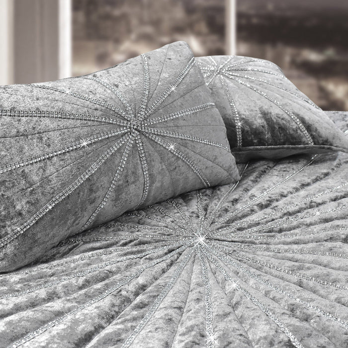 Starburst Crushed Velvet Diamante Silver Quilted Bedspread