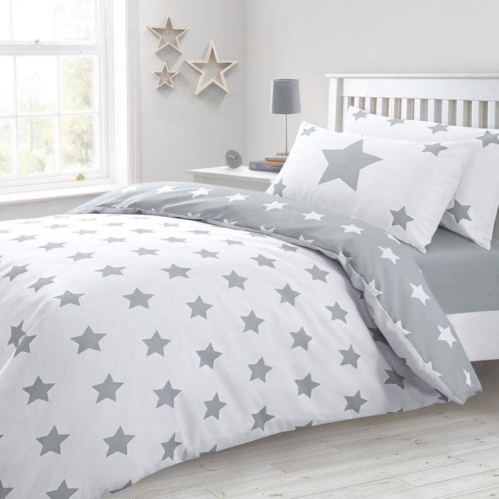 Stars Grey Reversible Duvet Cover & Pillowcase Set