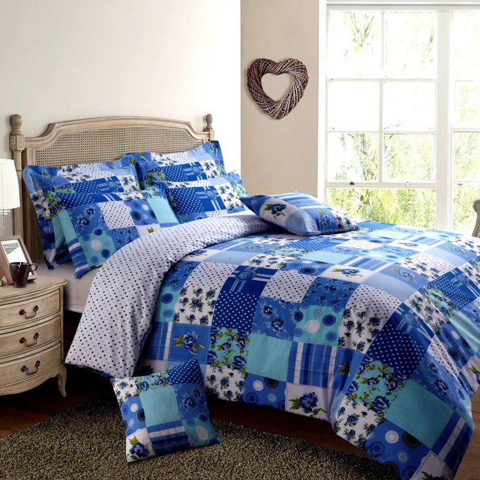 Stitch Trail Reversible Blue Patchwork Duvet Cover & Pillowcase Set