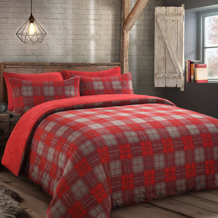 Check Teddy Fleece Red Duvet Cover & Pillowcase Set