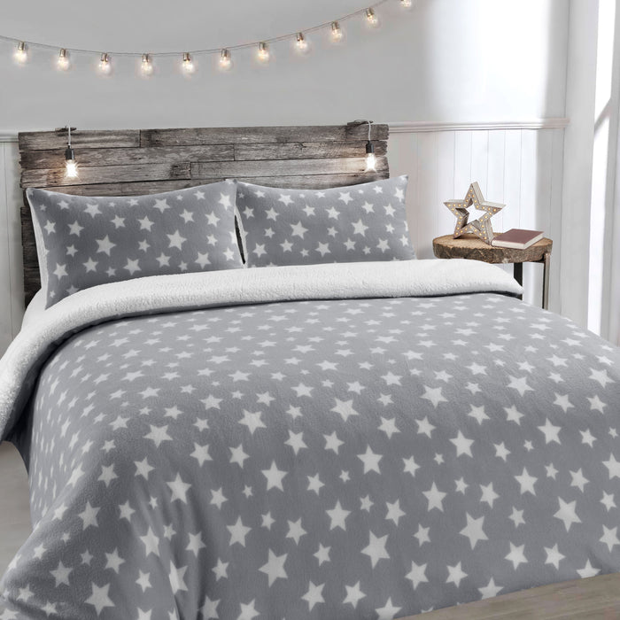 Stars Teddy Fleece Silver Sherpa Duvet Cover Set