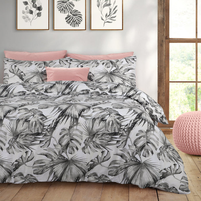 Tropical Leaf Grey Duvet Cover & Pillowcase Set