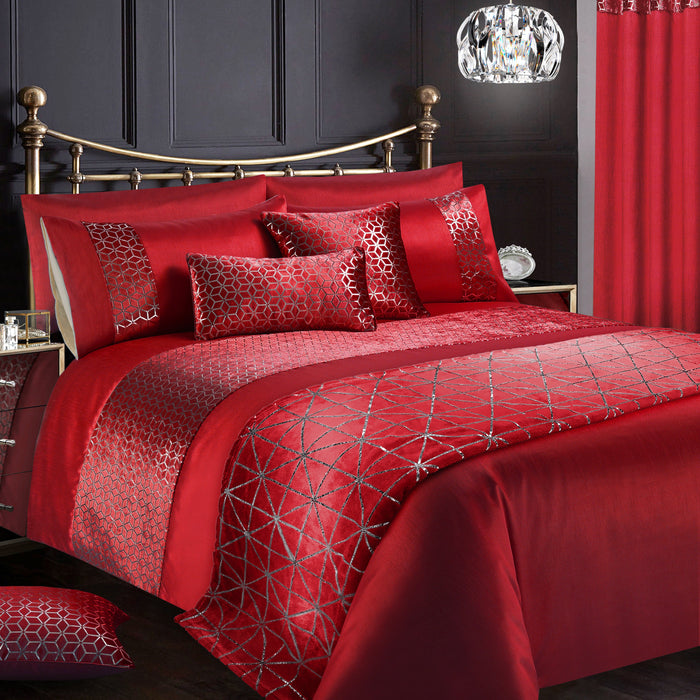 Vera Geometric Crushed Velvet Red Duvet Cover & Pillowcase Set