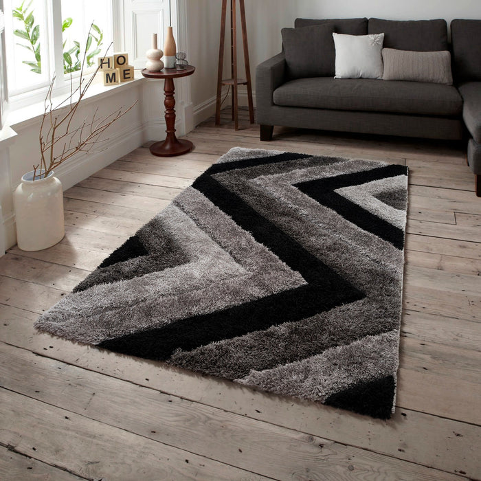 3D Carved Chevron Grey Shaggy Geometric Floor Rug